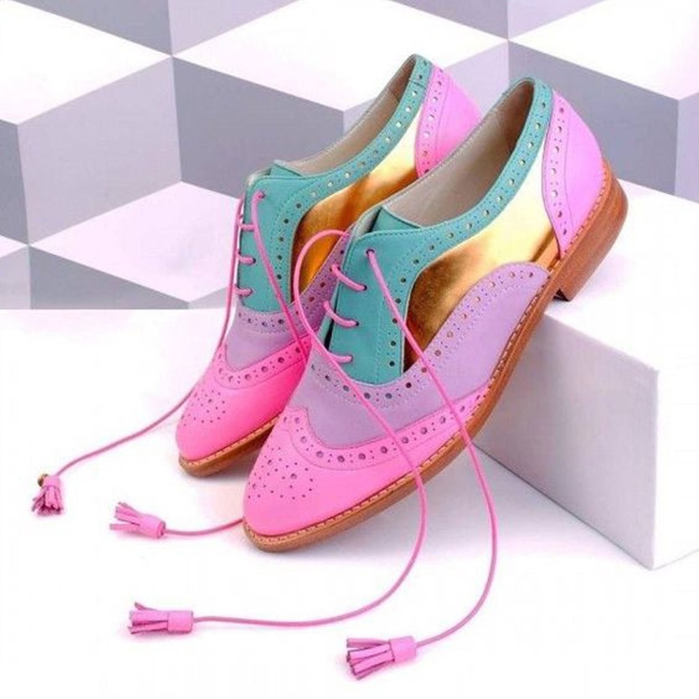 Handcrafted women oxford wingtip lace up brogue shoes